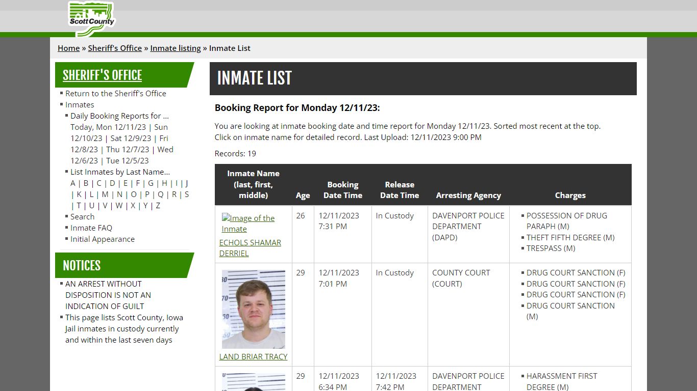 Inmate List - Scott County, Iowa